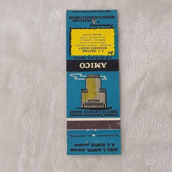 Vintage Matchbook Cover AMICO Kemper Insurance Building Chicago IL Illinois - Picture 3 of 4